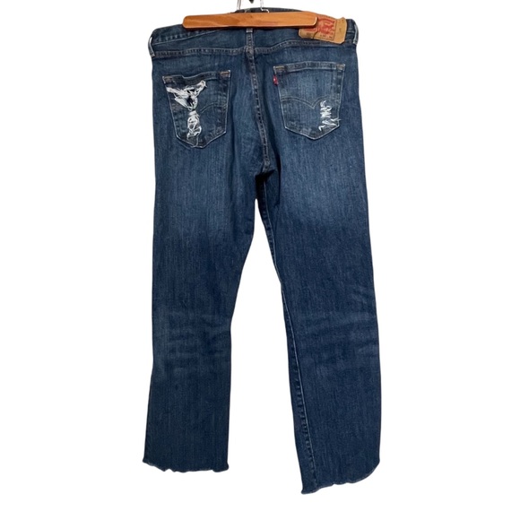 Levi's 501 Jeans Distressed Cropped Button Fly Blue Size 34 Waist Hight Waist - Picture 4 of 8